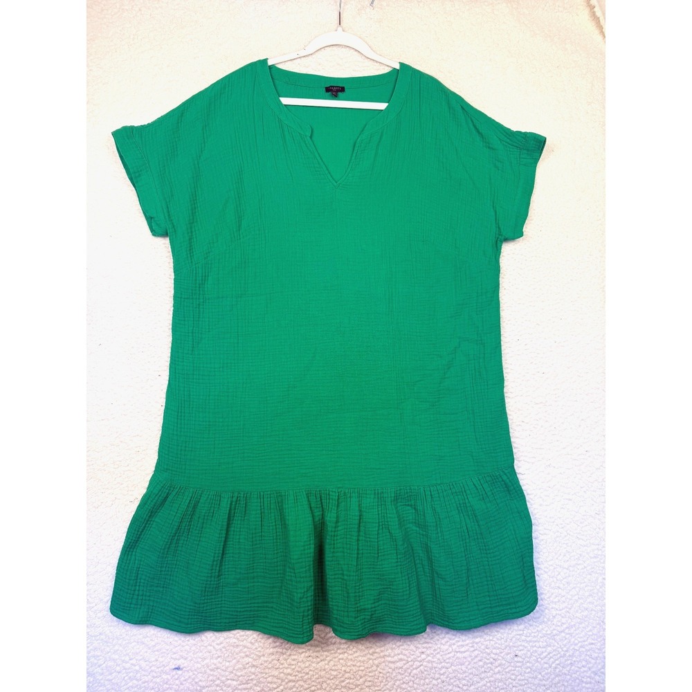 Talbots Dress Womens 2X Green Gauze Cotton Drop Waist Shift Ruffle Layered